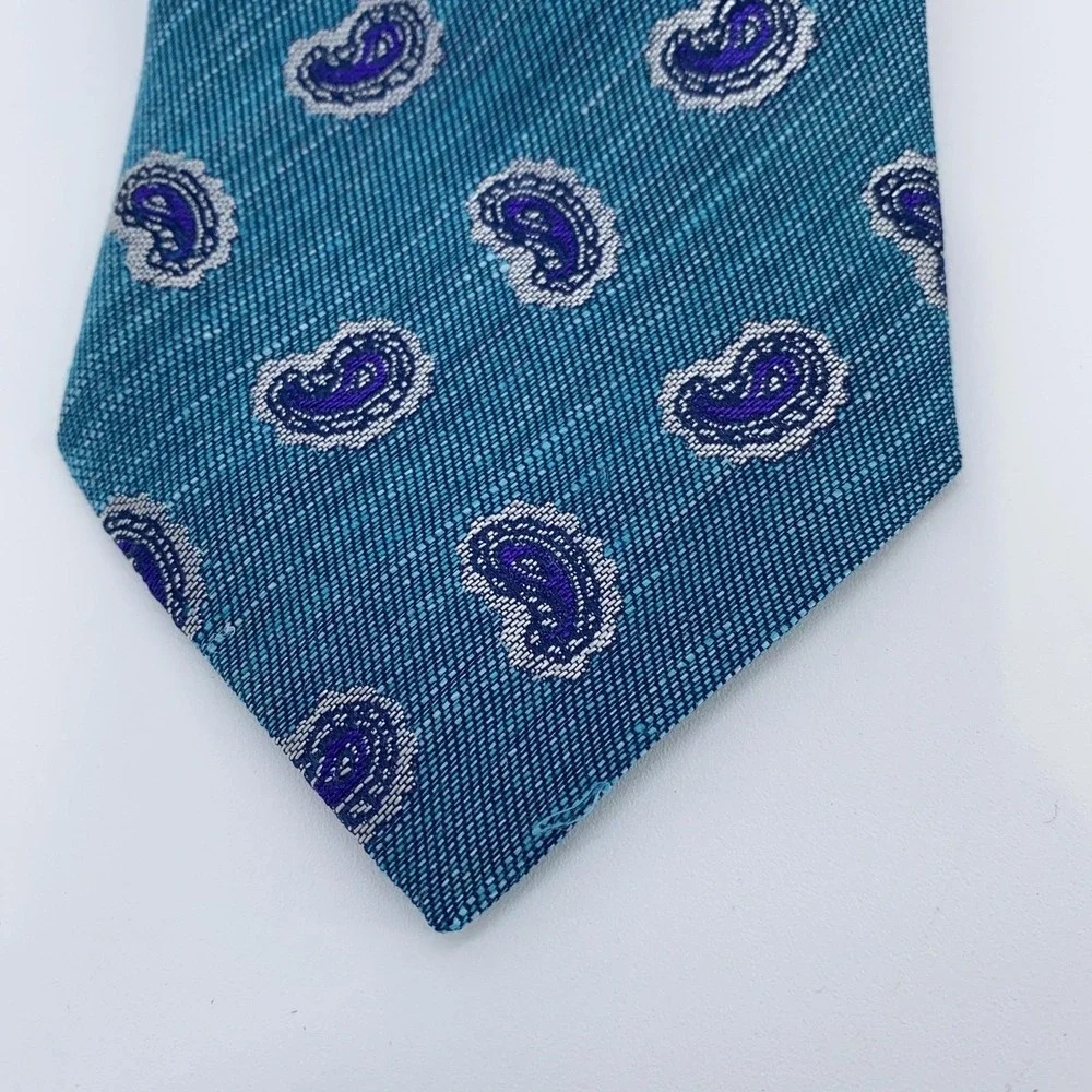 Eton Tie Mens One Size Teal Blue Paisley Silk Linen Necktie Made Italy